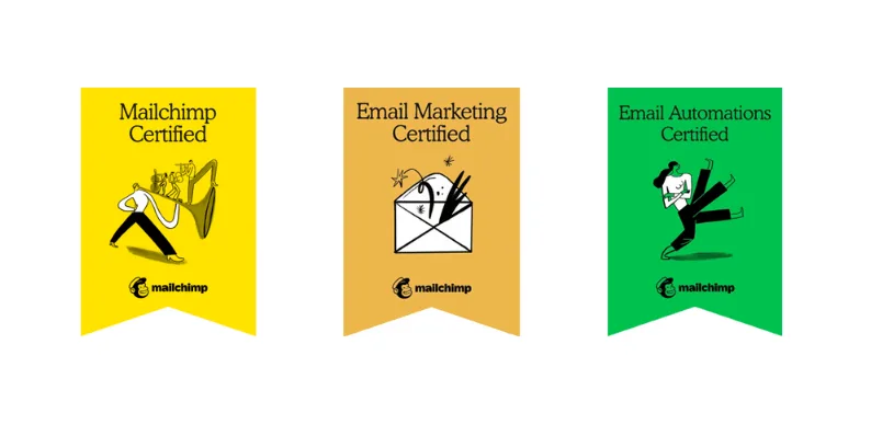 Drei Mailchimp-Badges: Foundations, Email Marketing und Automations