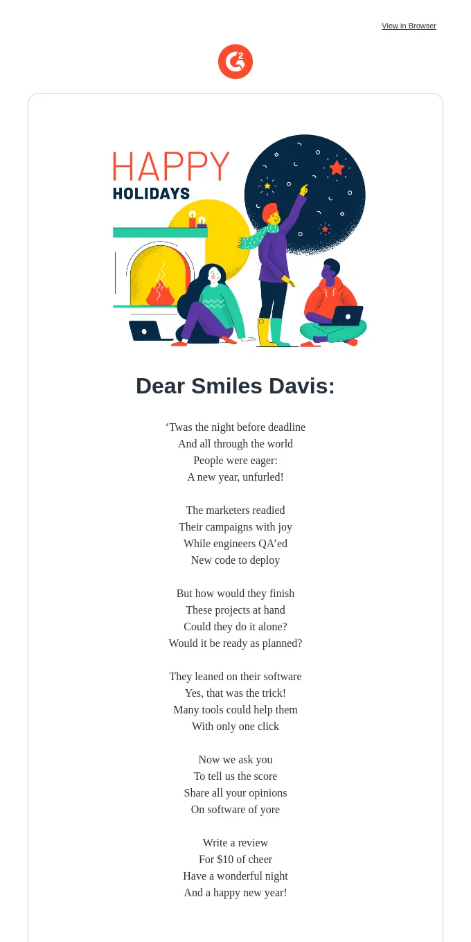 Happy Holidays email copy with a poem: 'Twas the night before deadline / And all through the world / People were eager / A new year, unfurled!