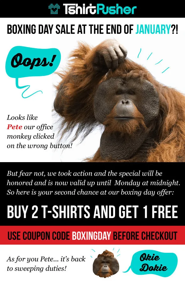 Oops email by TShirt Pusher that promptly addresses the mistake made earlier