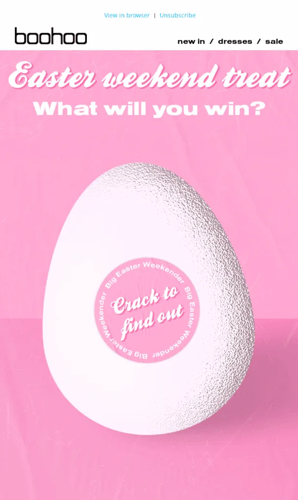 Email de Pascua de Boohoo con el «huevo de oro» como elemento clave