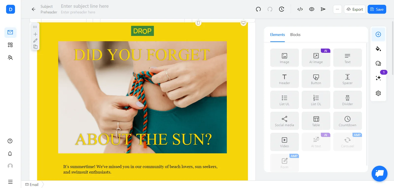 Summer email template created in Blocks
