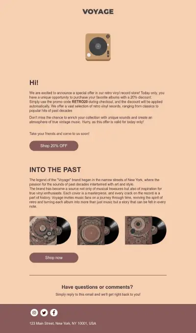 Modelo de e-mail pronto de desconto com cupom, com elementos vintage, cores suaves e GIF animado.