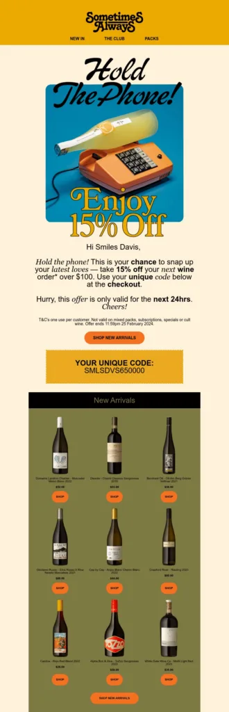 Exemplo de e-mail da Sometimes Always com design vintage nas imagens e nas fontes.