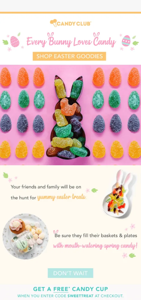Código para un vaso de golosinas gratis en un email de Candy Club