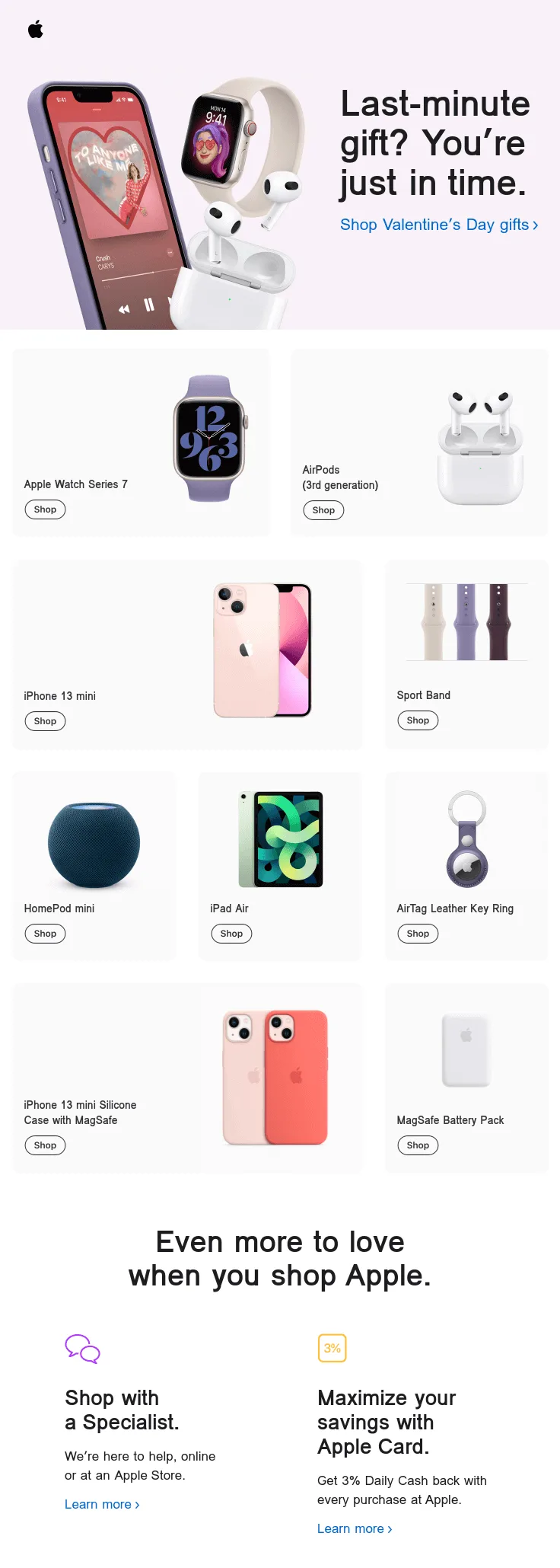 E-Mail von Apple zum Valentinstag mit einem Katalog an Last-Minute-Geschenken.