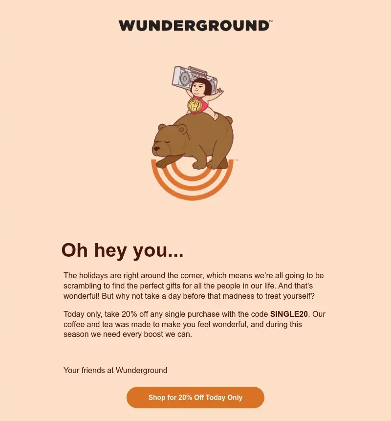 Exemplo de e-mail da Wunderground com uma animação de uma criança montada em um urso.