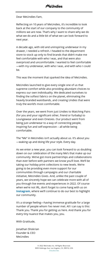 HTML email by MeUndies designed as a plain text message from CEO.