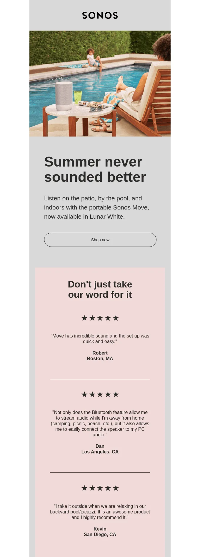 Sommer-Newsletter von Sonos mit Kundenbewertungen.