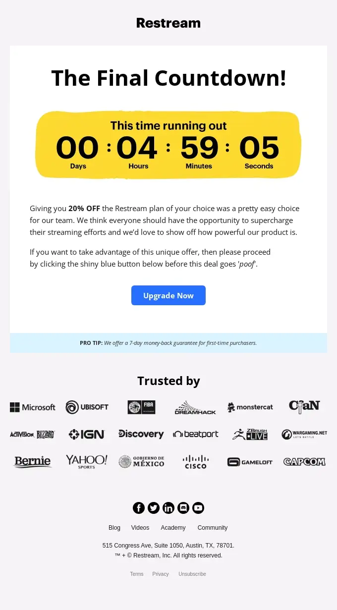 Countdown-Timer in einer dringlichen E-Mail von Restream