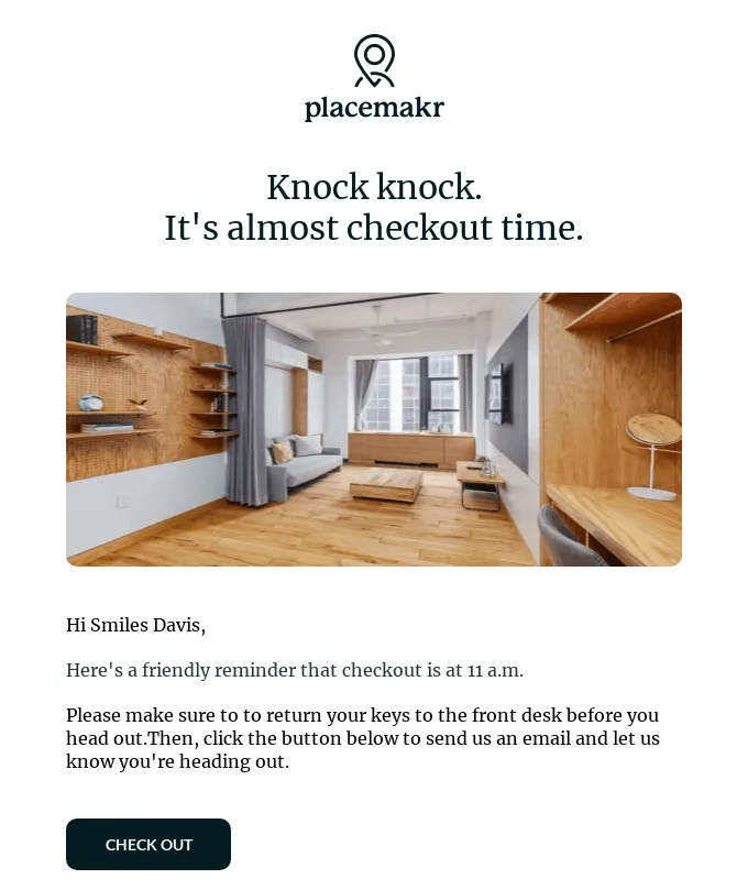 Erinnerungs-E-Mail von Placemakr mit klaren Anweisungen für einen reibungslosen Check-out