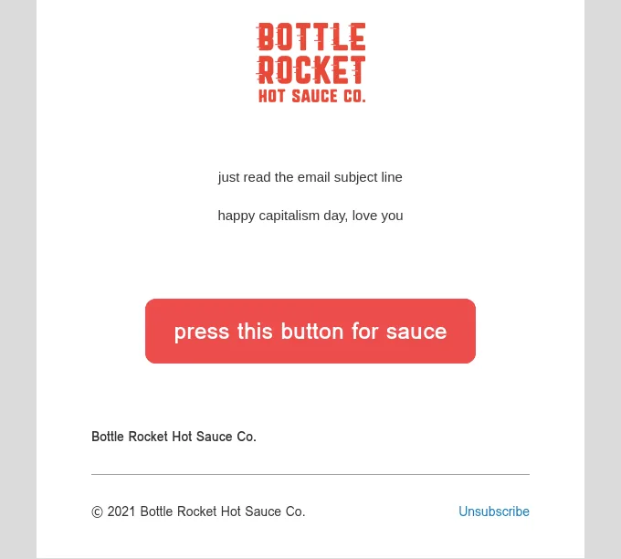 One of the best Black Friday emails by Bottle Rocket Hot Sauce Co containing plain text message and a CTA button