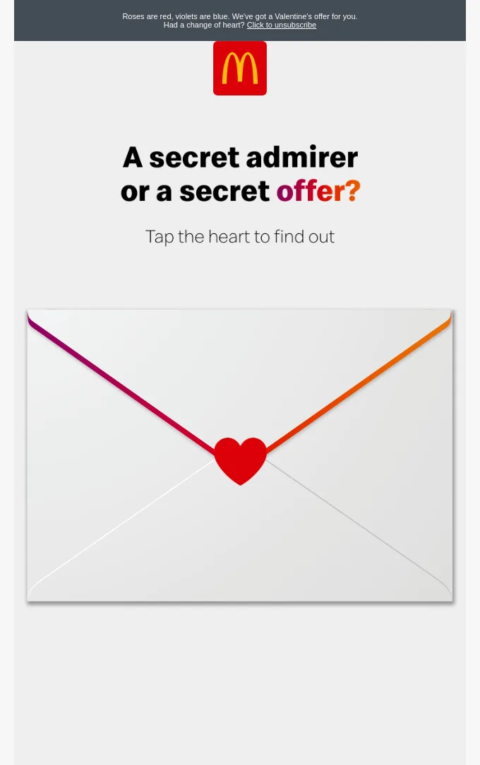 E-Mail von McDonald's zum Valentinstag mit einer geheimnisvollen Botschaft und einem interaktiven Bild eines Umschlags.