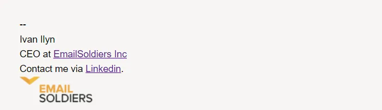 exemple de signature e-mail simple avec le nom du PDG, sa fonction, un lien vers son profil LinkedIn et le logo de l’entreprise