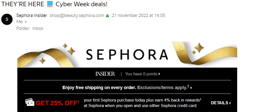 Oggetto per il Cyber Monday di Sephora che annuncia le offerte della Cyber Week