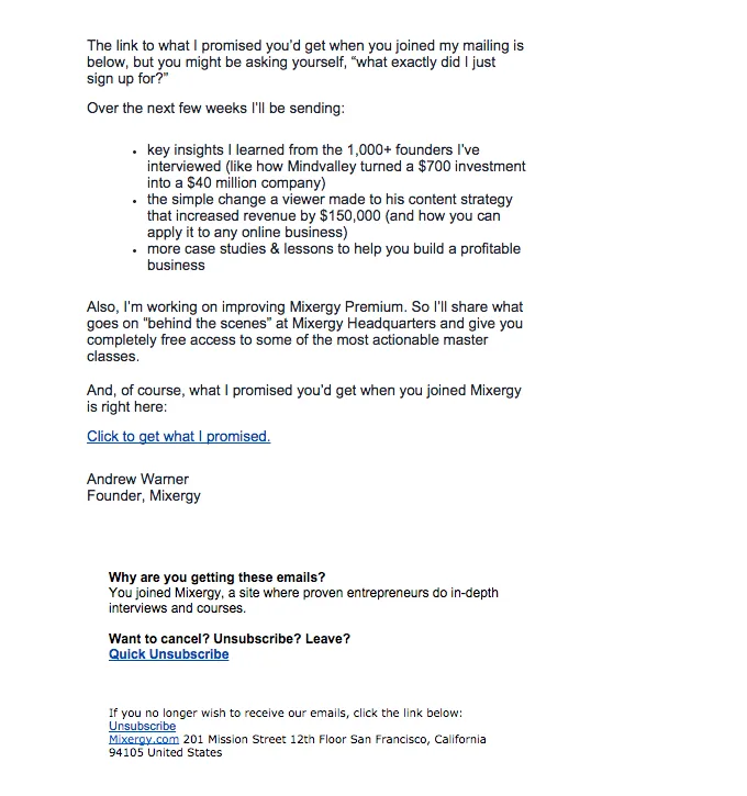 An example of a minimalistic HTML email by Mixergy, without visuals but containing hyperlinks, text formatting & footer.