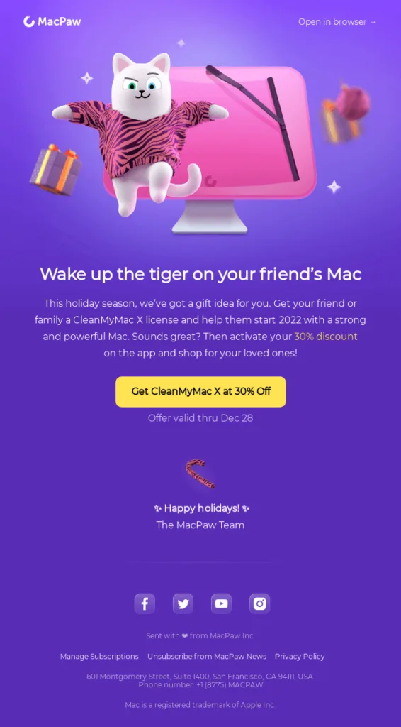 Christmas email template with a cat on the banner and a heading: wake up the tiger on your friend's Mac