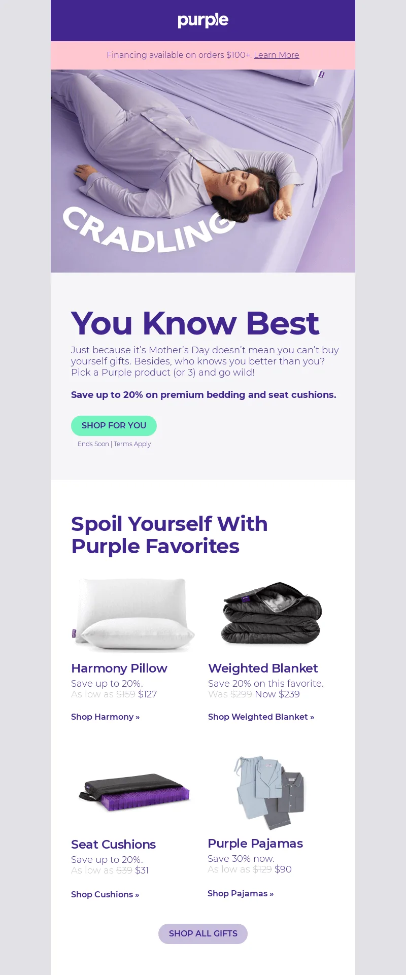 Example of a Mother's Day email by Purple urging mothers to choose their own gifts