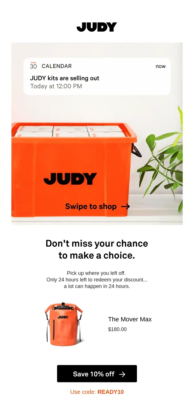 Erinnerungs-E-Mail von JUDY, die an einen ablaufenden Rabatt erinnert