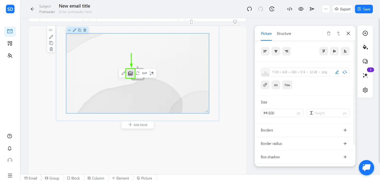 Icons for Image Center, Image Editor, image upload, GIF library, and AI generator