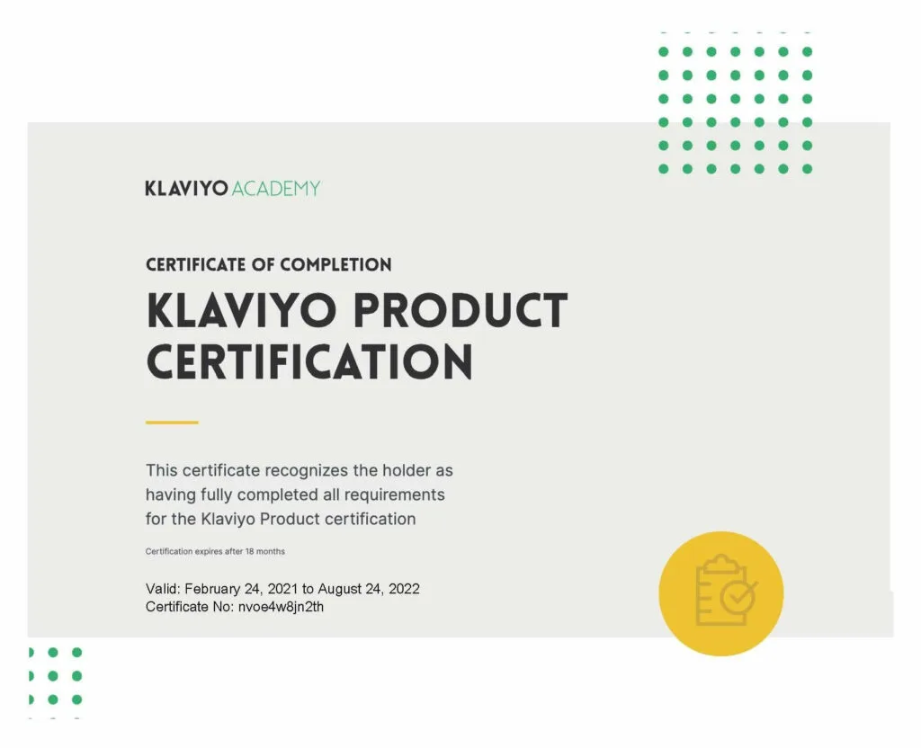 Ejemplo de una certificación Klaviyo Product