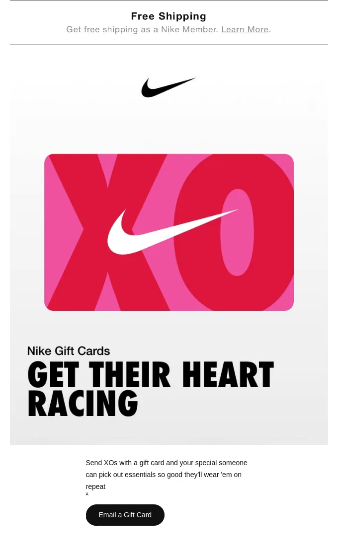 E-Mail von Nike zum Valentinstag mit dem Markenlogo vor rot-rosa Hintergrund.
