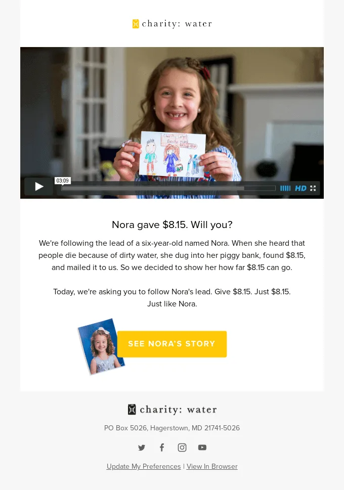 Email de recaudación de fondos de Charity Water con un vídeo de una niña que donó dinero a una causa benéfica