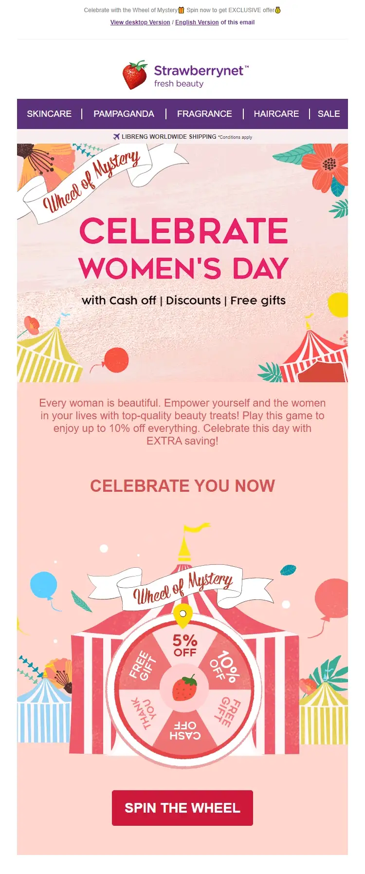 Email campaign with a wheel of fortune on Women's Day