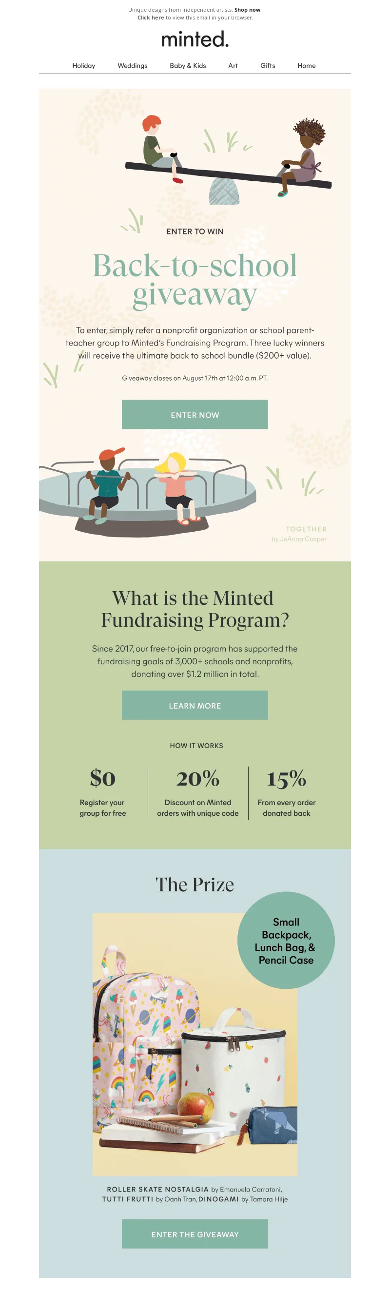 Back-to-school email by Minted that announces a giveaway with a chance to win a prize