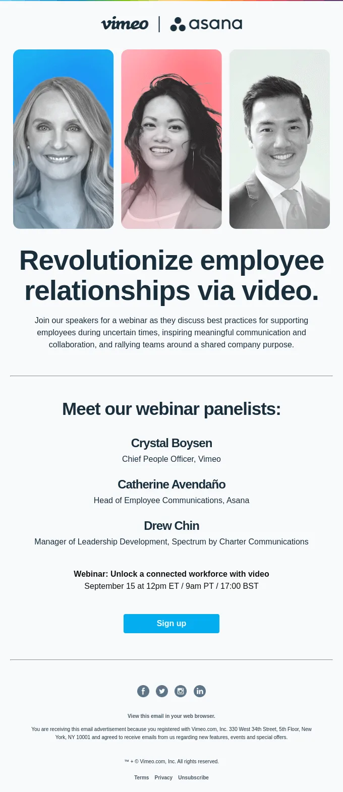 Webinar-Einladung von Vimeo mit Fotos und Kurzbeschreibungen der Diskussionsteilnehmer.