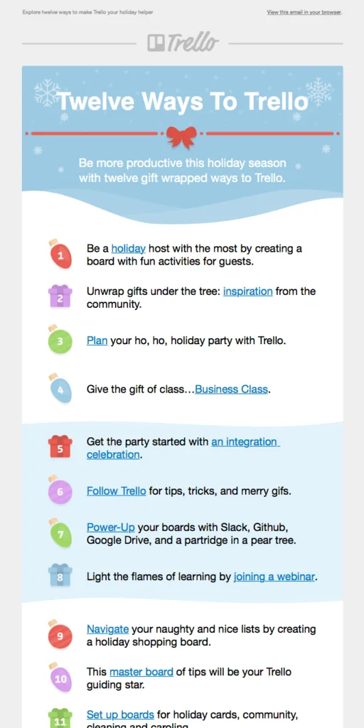 Christmas email campaign with a heading "Twelve ways to Trello" and a list of CTAs