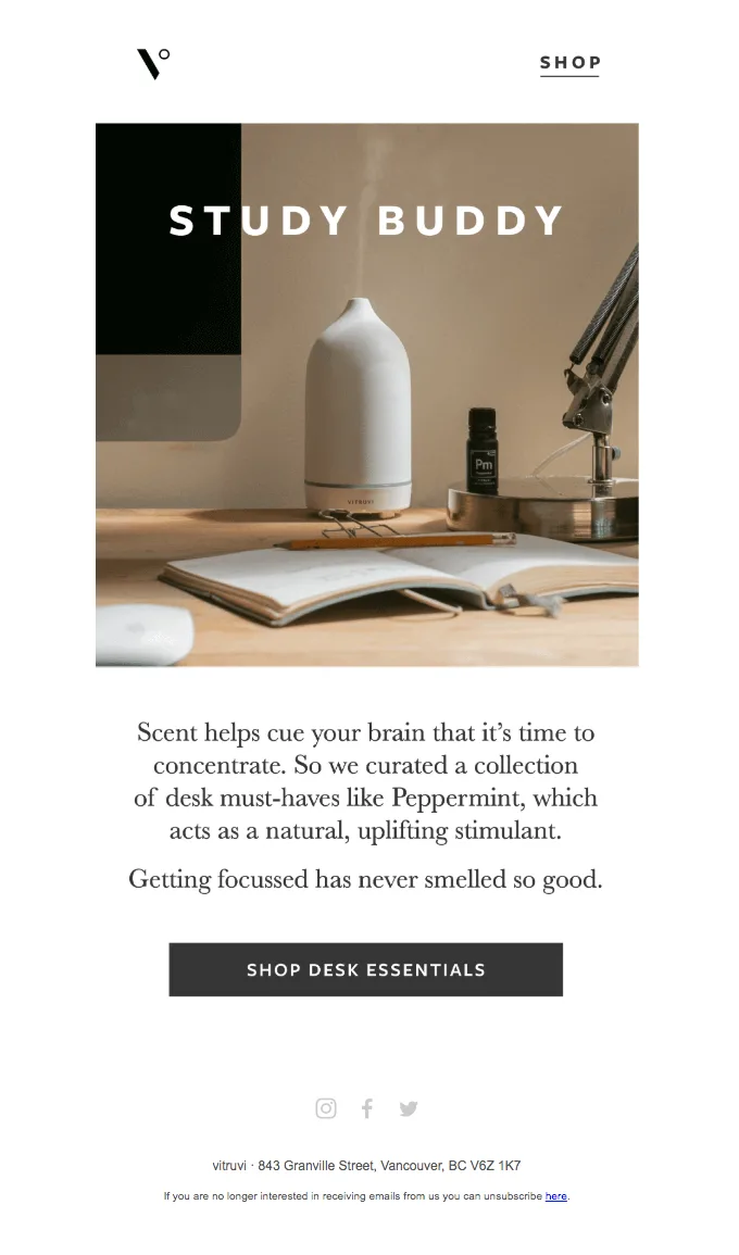 Back-to-school email by Vitruvi that features the desk diffuser as the "study buddy"