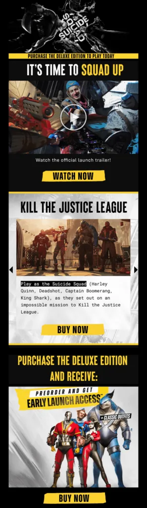 E-Mail von WB Games zum kommenden Spiel Suicide Squad mit verschiedenen Inhaltsblöcken, die zum Kauf des Spiels animieren