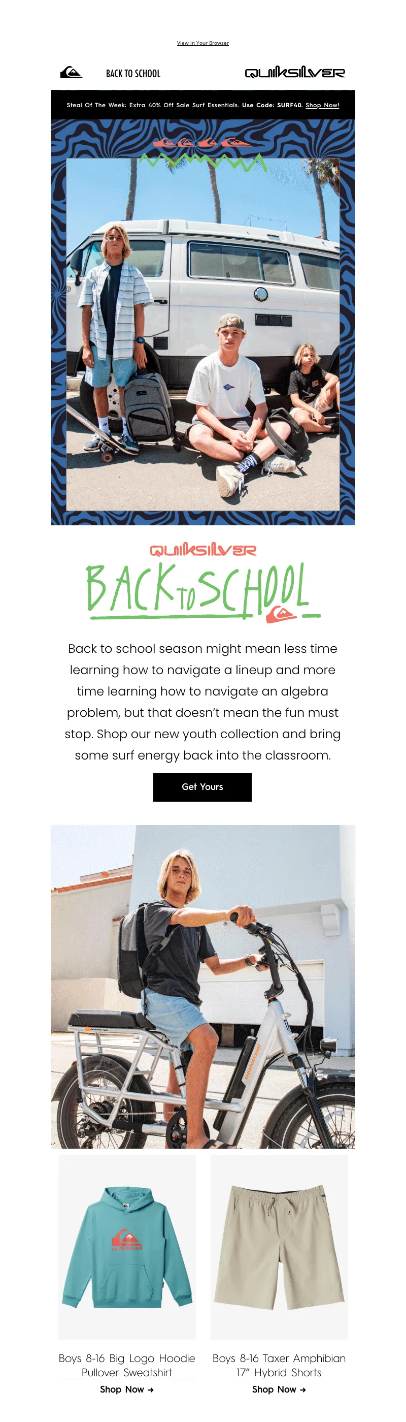 Back-to-school email by Quiksilver that focuses on the fun after-classes activities