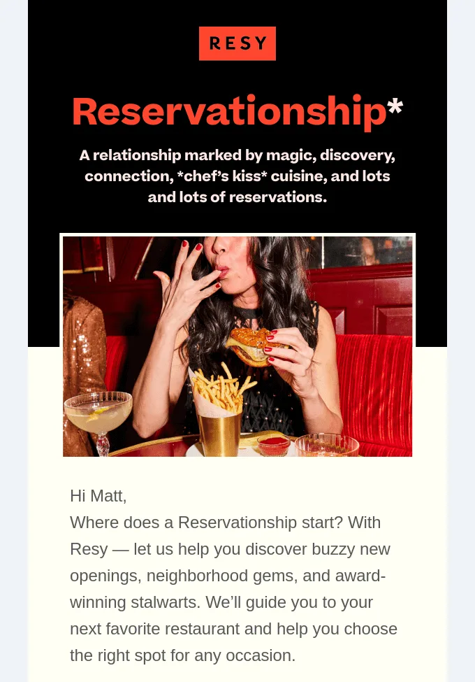 Newsletter banner with bold colors in an email by Resy