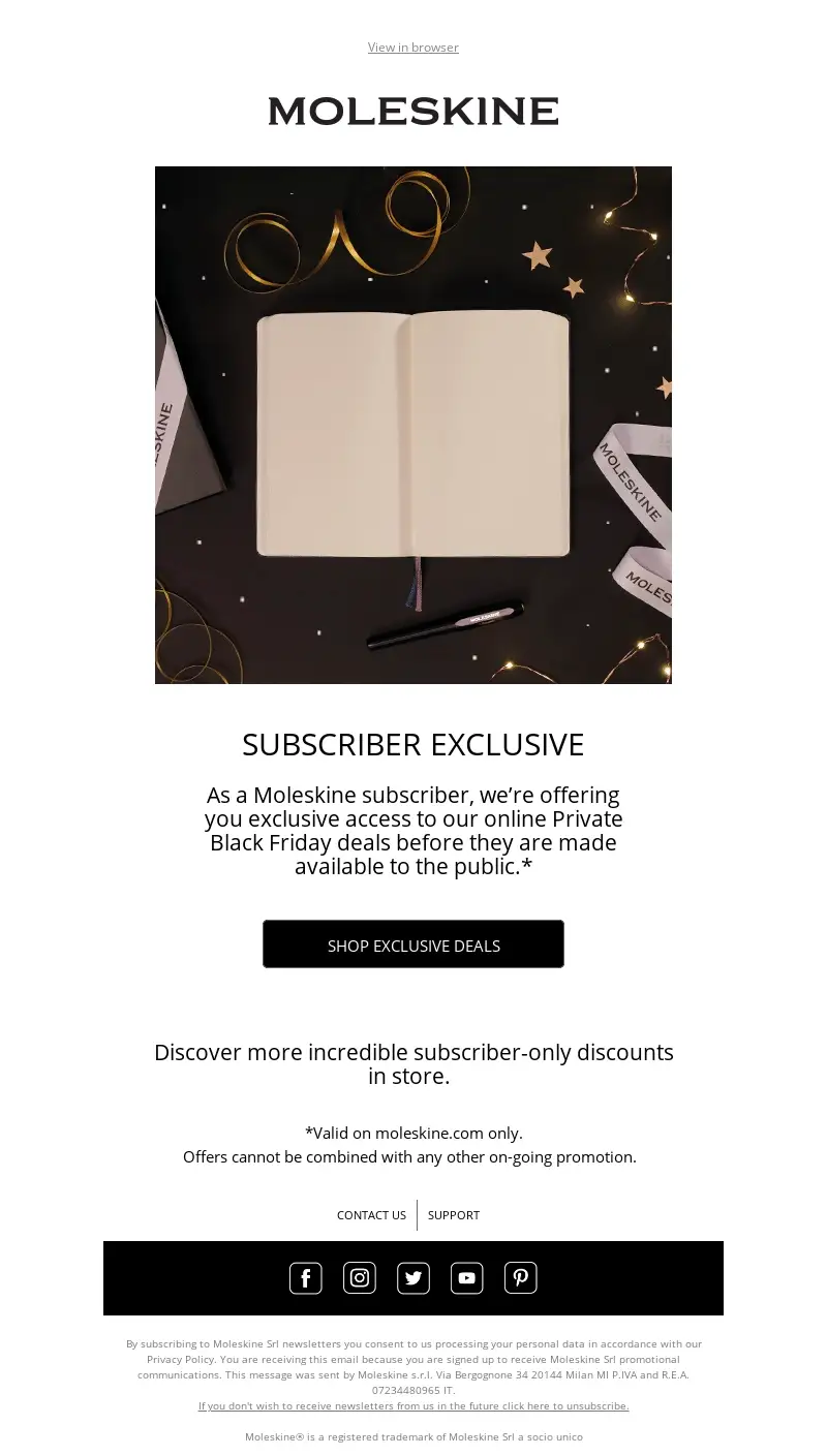 Example of the best Black Friday email by Moleskine showcasing subtle design, simple GIF animation, and an exclusive offer for subscribers