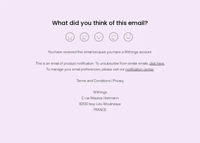Email footer example by Withings showcasing a survey in the form of smiley faces