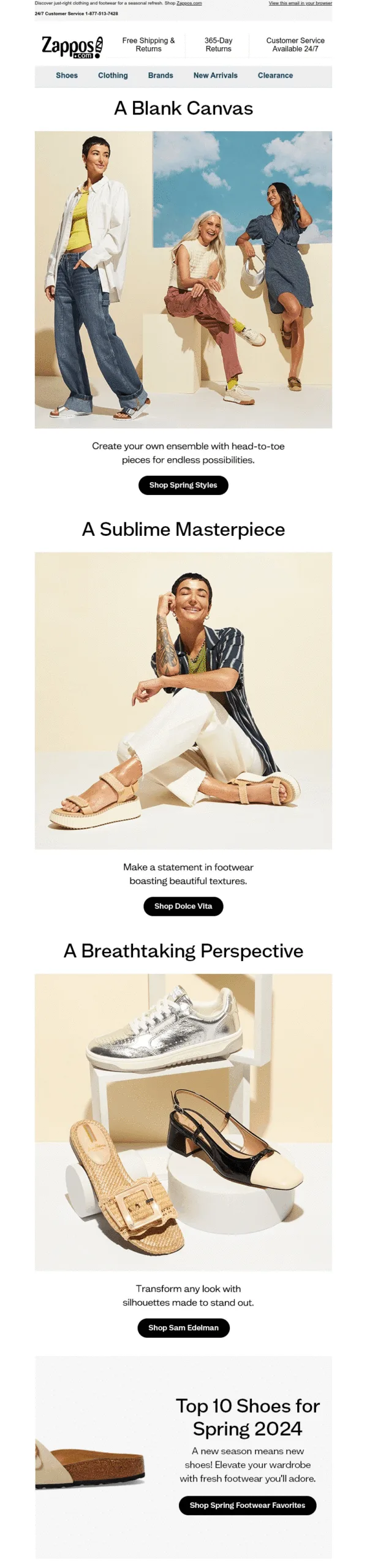 Frühlings-E-Mail von Zappos.com mit der Frühlingskollektion an Schuhen