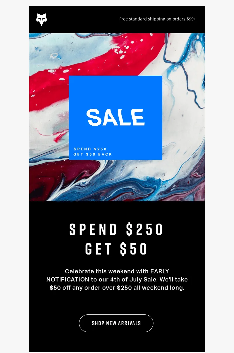 E-Mail von Fox Racing zum 4. Juli mit $50 Rabatt auf Bestellungen über $250