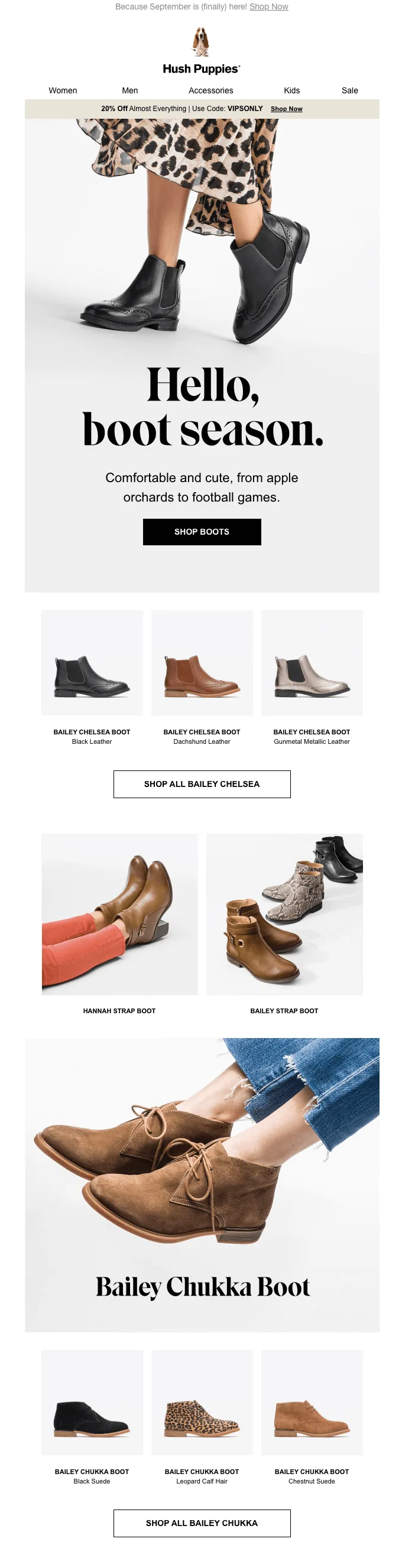 Email di Hush Puppies che presenta una collezione di calzature autunnali.