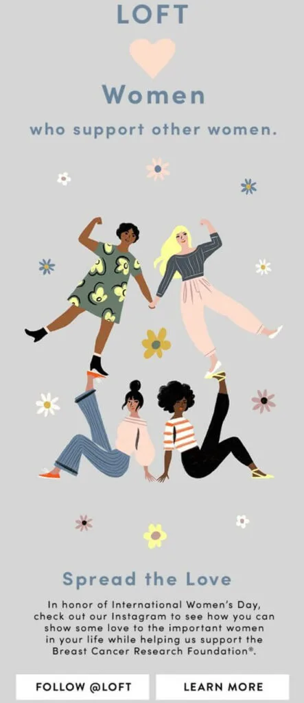 International Women's Day email template with an illustration depicting different women supporting each other