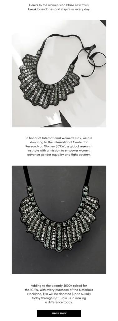 Email template from a jewelry brand that tells subscribers about donation
