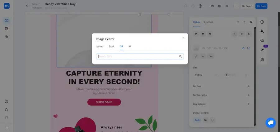 Exemplo de busca no campo de pesquisa da seção “GIF”.