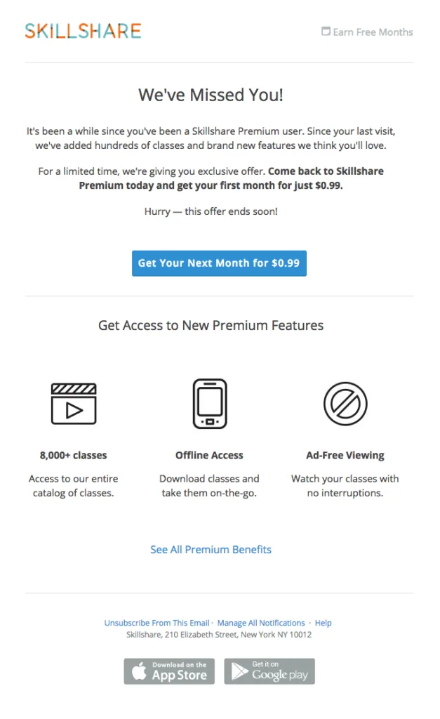 Ejemplo de email «Te echamos de menos» de Skillshare que ofrece un mes de acceso Premium por $0,99.