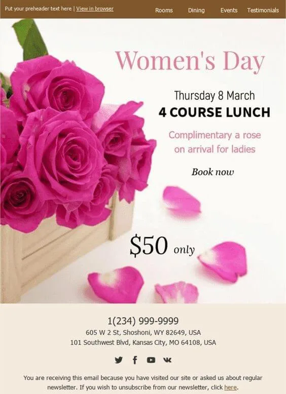 Example of outdated email template that has a banner with roses