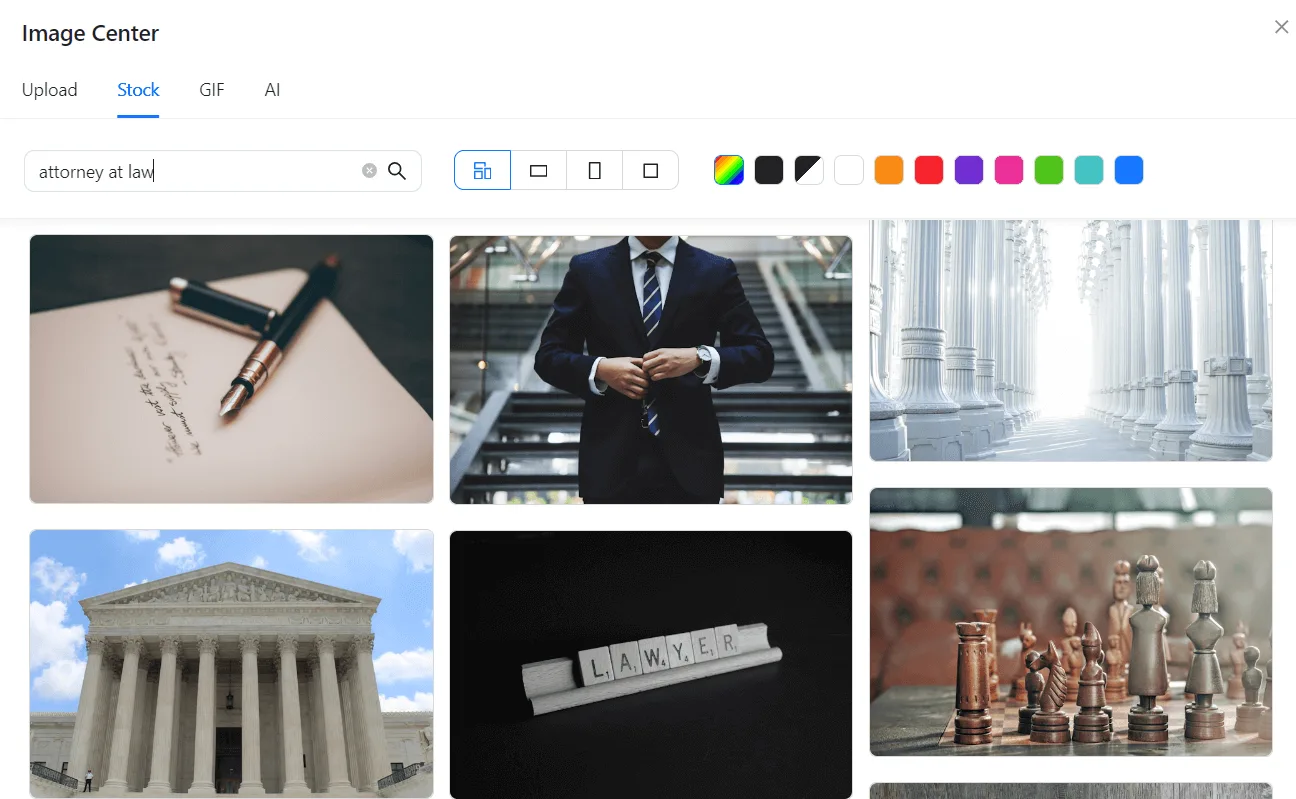 Image Center in Blocks showing images for the "attorney at law" prompt