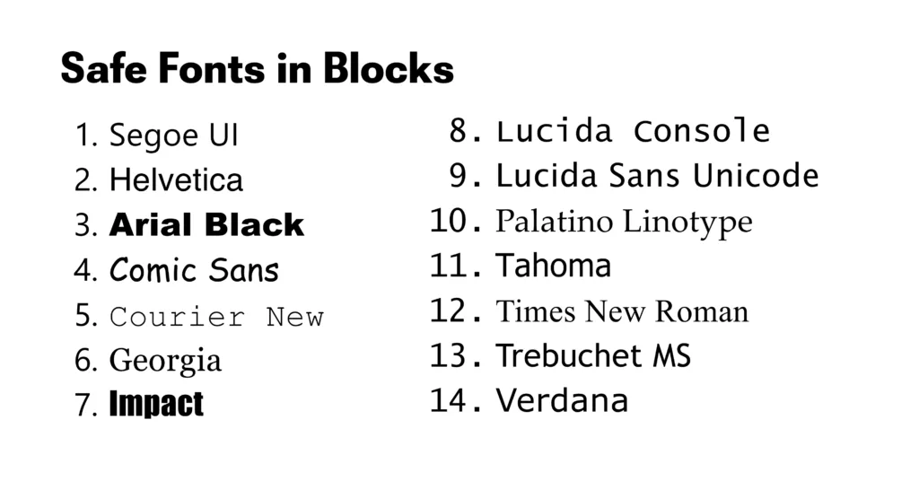 Liste der sicheren Schriftarten in Blocks: Segoe UI, Helvetica, Arial Black, Comic Sans, Courier New, Georgia, Impact, Lucida Console, Lucida Sans Unicode, Palatino Linotype, Tahoma, Times New Roman, Trebuchet MS, Verdana