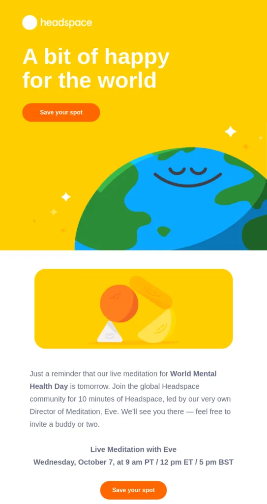 Freundliche Erinnerungs-E-Mail von Headspace, die an die bevorstehende Live-Meditation erinnert