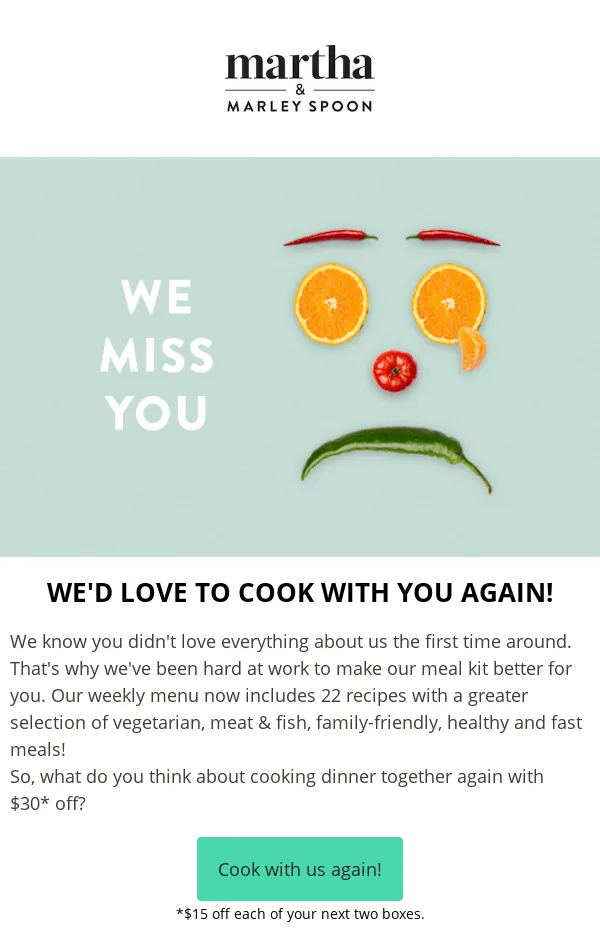 Ejemplo de email «Te echamos de menos» de Marley Spoon que invita al suscriptor a volver a cocinar juntos.