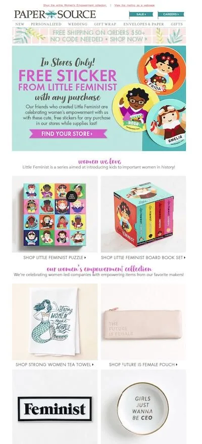 International Women's Day email template with a product grid