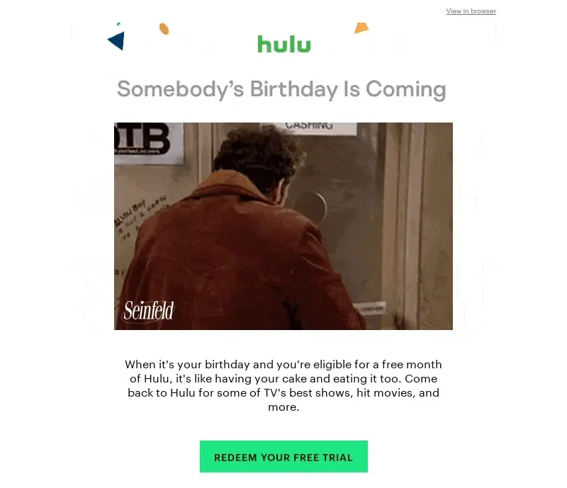 Geburtstags-E-Mail von Hulu mit einer animierten Szene aus der Serie „Seinfeld“.